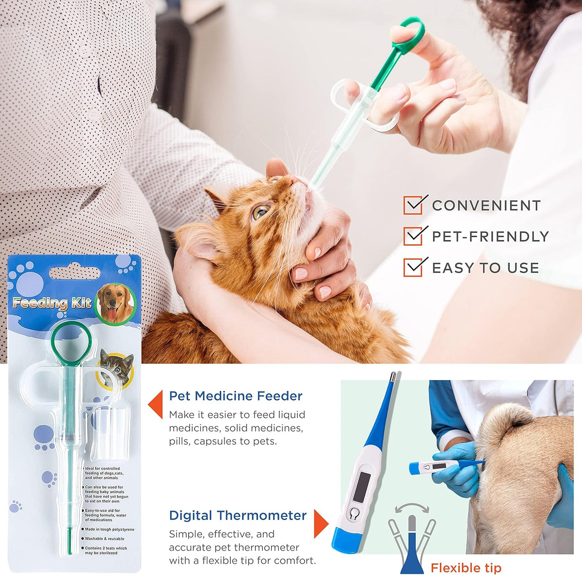 Cat & Dog First Aid Kit - High Visibility Reflective Zipper with Fluorescent Letter Print - 100 Pcs with Dog Thermometer, Tick Remover Kit & Pet First Aid Kit Manual Book