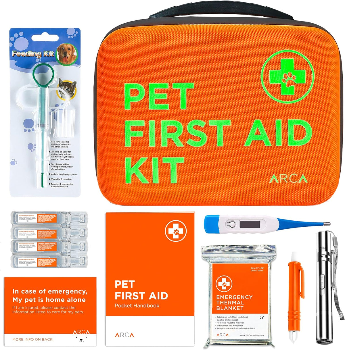 Cat & Dog First Aid Kit - High Visibility Reflective Zipper with Fluorescent Letter Print - 100 Pcs with Dog Thermometer, Tick Remover Kit & Pet First Aid Kit Manual Book