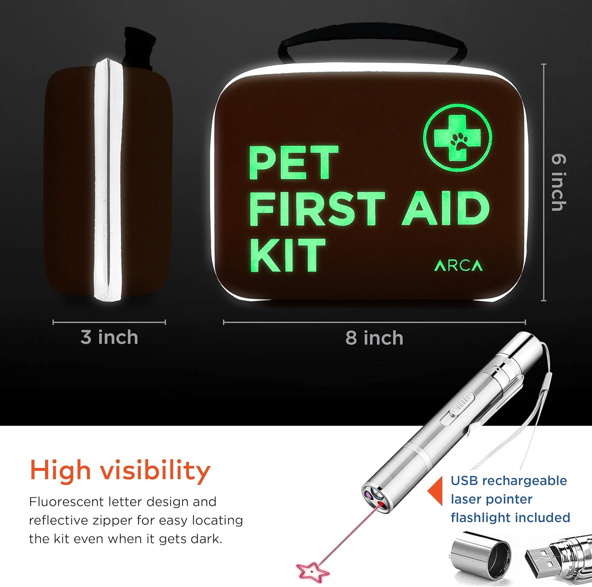 Cat & Dog First Aid Kit - High Visibility Reflective Zipper with Fluorescent Letter Print - 100 Pcs with Dog Thermometer, Tick Remover Kit & Pet First Aid Kit Manual Book