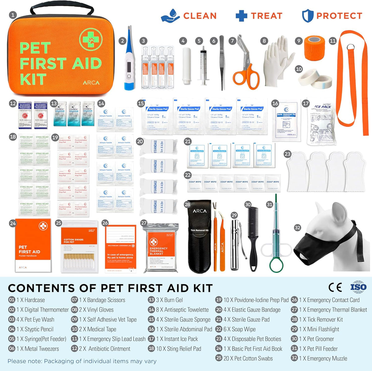 Cat & Dog First Aid Kit - High Visibility Reflective Zipper with Fluorescent Letter Print - 100 Pcs with Dog Thermometer, Tick Remover Kit & Pet First Aid Kit Manual Book
